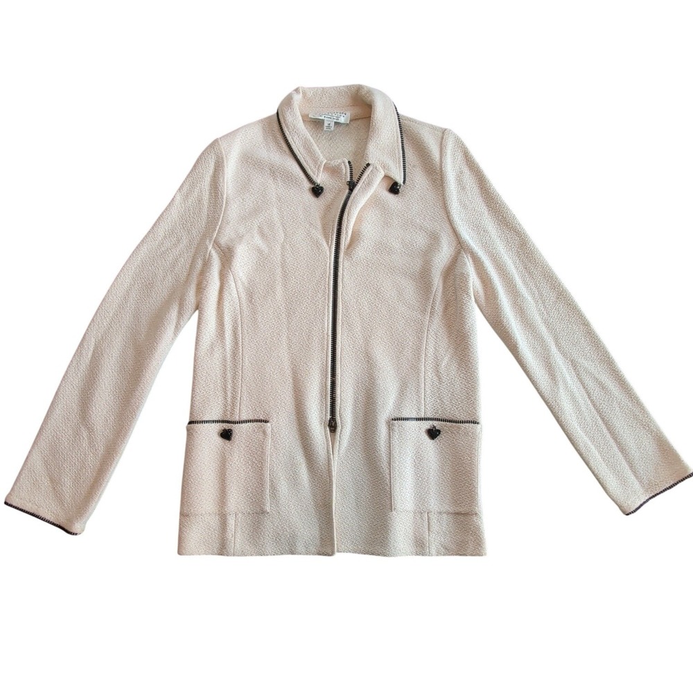 Vintage St John Collection Marie Gray Cream Santana Knit Jacket 14 Heart Charms